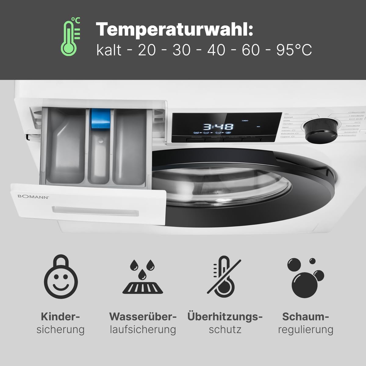 Bomann® Waschmaschine 10kg | max. 1400 U/min | 10 Jahre Motor-Garantie | effizienter, leiser & langlebiger Invertermotor | 15 Programme | Endzeitvorwahl | LED-Display | Washing Machine WA 7110 – Bild 15