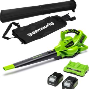 Greenworks 48V(2x24V) Akku Laubsauger / Laubblser mit Schultergurt, bürstenloser Motor, 322 km/h, 9 m/min, 45L Fangsack, zwei 4Ah Batterien & Ladegert, 3 Jahre Garantie GD24X2BVK4X