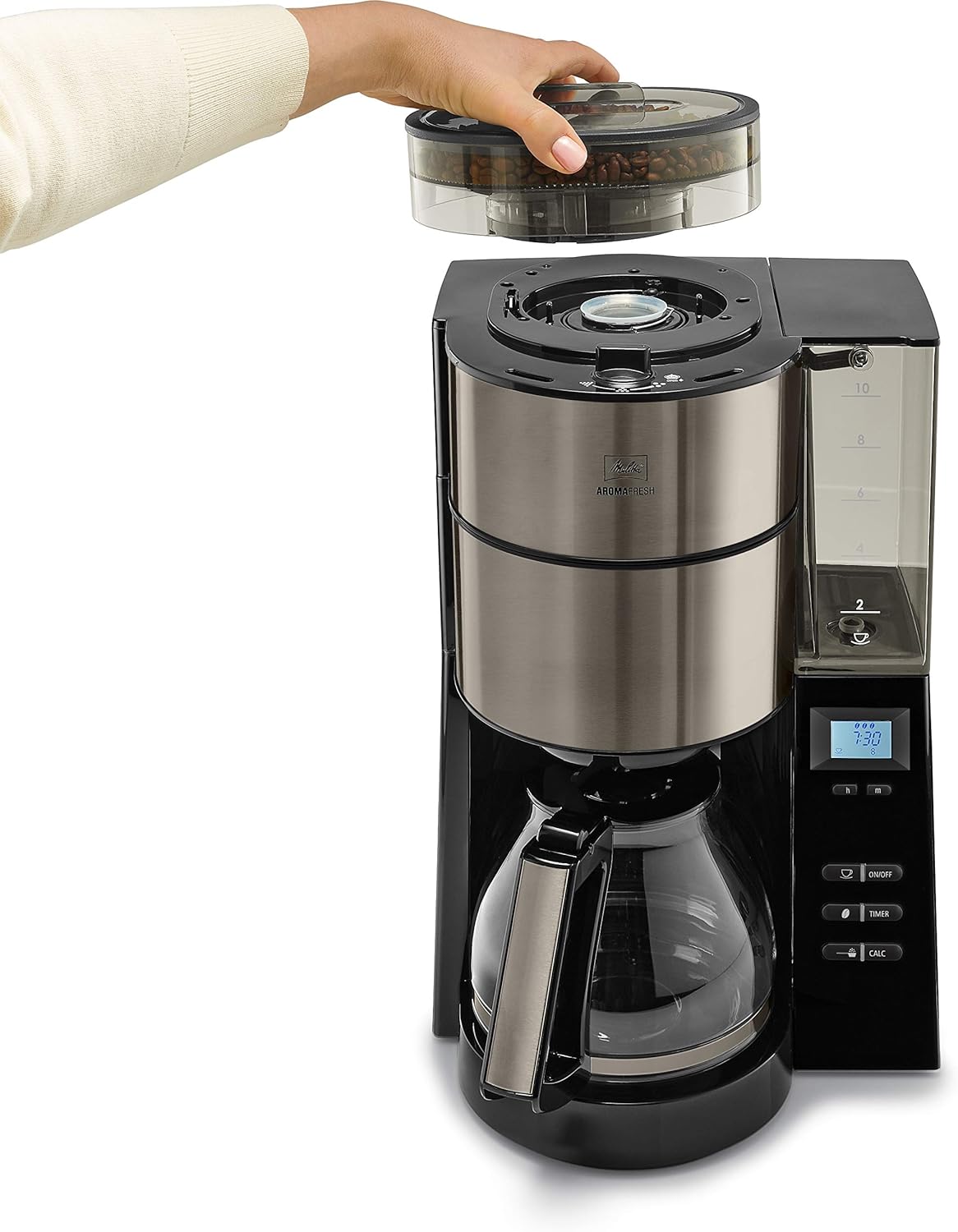 Melitta AromaFresh - Filterkaffeemaschine - mit Glaskanne - integriertes Mahlwerk - Timer Funktion - 10 Tassen - Pure Black – Bild 38