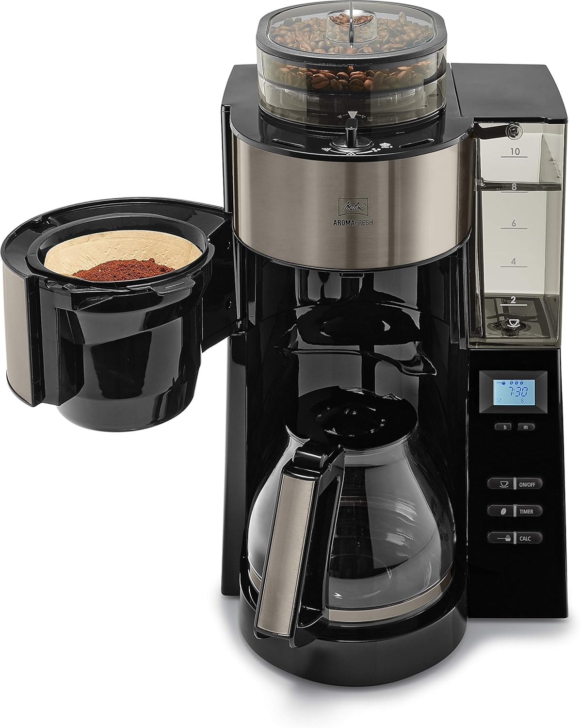 Melitta AromaFresh - Filterkaffeemaschine - mit Glaskanne - integriertes Mahlwerk - Timer Funktion - 10 Tassen - Pure Black – Bild 36