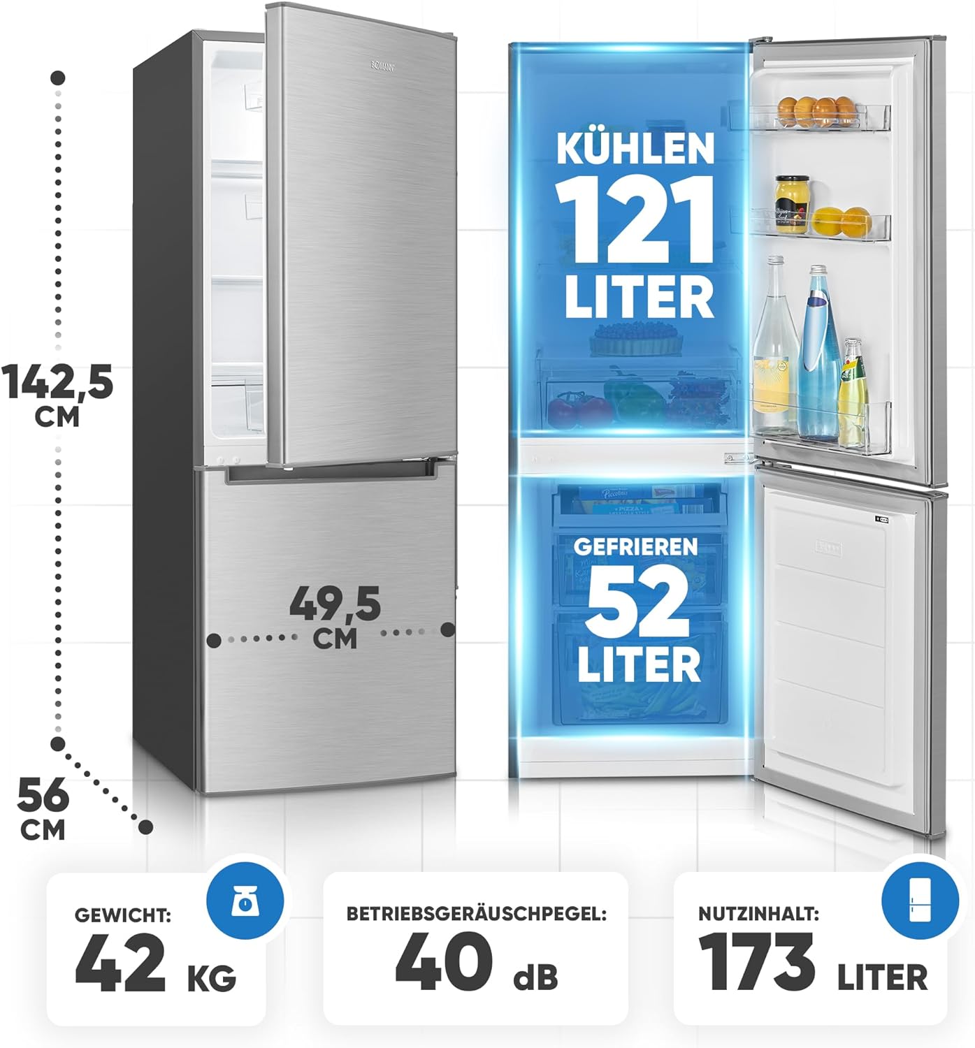 Bomann Kühlschrank mit Gefrierfach 143cm hoch | Kühl Gefrierkombination 173L mit 3 Ablagen & 3 Schubladen | Türanschlag wechselbar | leise Kühlgefrierkombi 40db | Kühlschrank KG 7359 inox – Bild 14