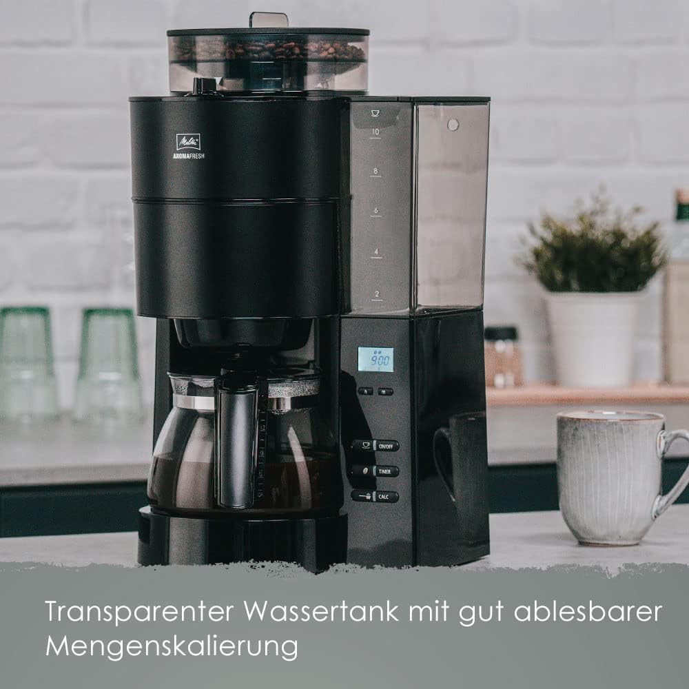 Melitta AromaFresh - Filterkaffeemaschine - mit Glaskanne - integriertes Mahlwerk - Timer Funktion - 10 Tassen - Pure Black – Bild 5