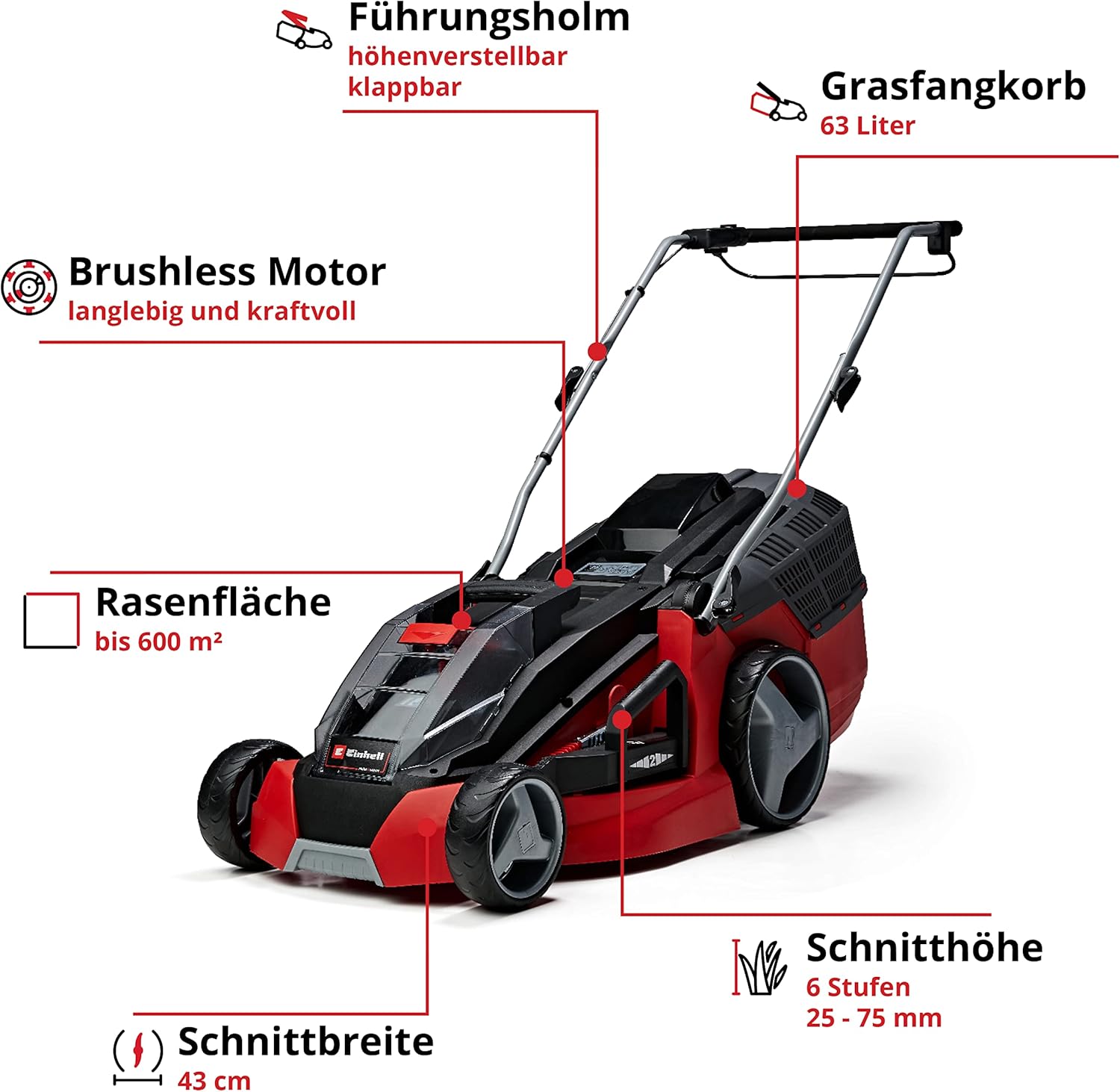Einhell Akku-Rasenmäher GE-CM 43 Li M Kit Power X-Change (36V, 43 cm Schnittbreite, bis 600 m², Brushless, Mulch-Kit, 63L Fangkorb, 25-75 mm Schnitthöhe, inkl. 2x 4,0Ah + 2x Ladegerät) – Bild 14