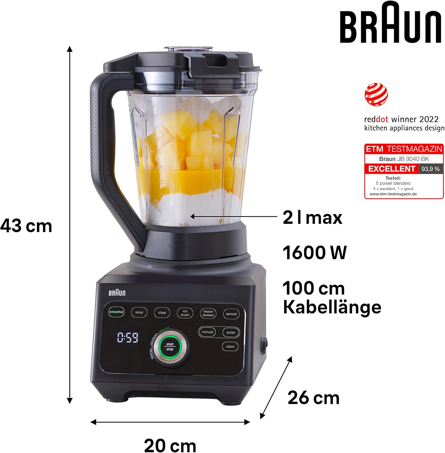 Braun PowerBlend 9 JB9040 Hochleistungsmixer – Mixer mit Tritan-Krug, 18 Mixprogramme, 10 Geschwindigkeiten + Pulsfunktion, Heißsuppenfunktion, Reinigungsprogramm, Ausguss, 1600 W, Schwarz – Bild 8