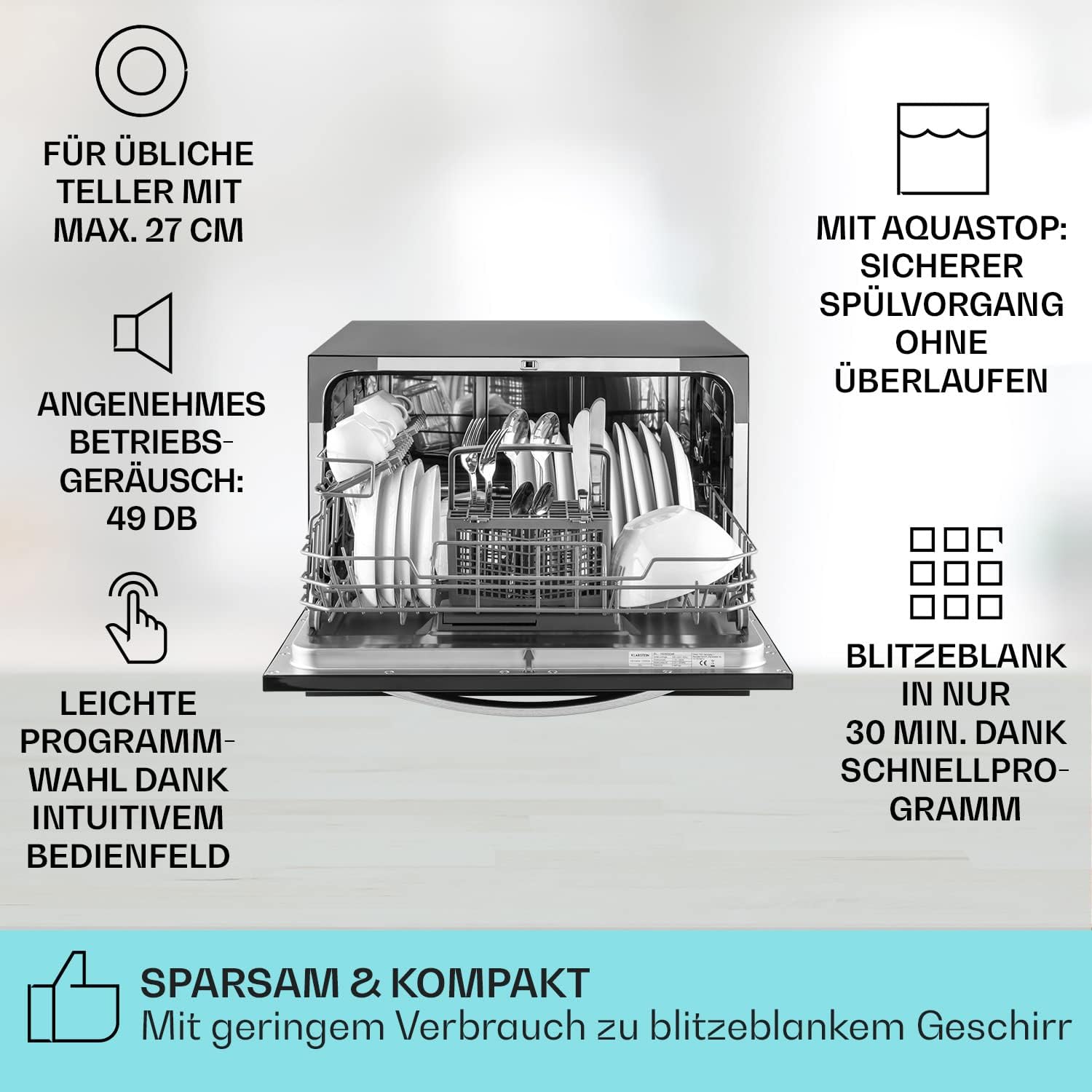 Klarstein ia 8 - Spülmaschine, Geschirrspüler, Freistehend, Teilintegriert, F, 55 cm breit, 8 Maßgedecke, 6 Programme, Aquastop, silber – Bild 46