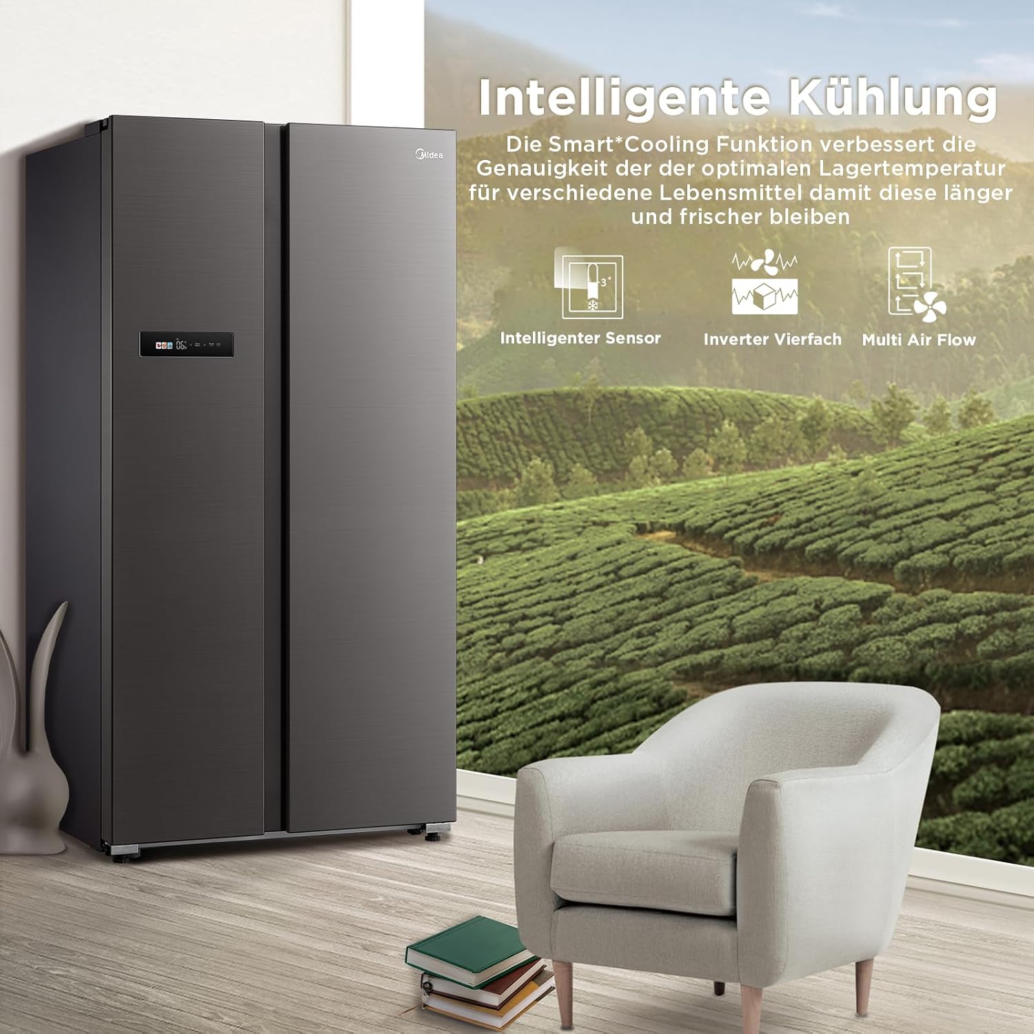 Midea KS-DDX 6.32 WT Side-by-Side Kühl-/Gefrierkombination/ 178,8 cm Hhe/ 254 kWh/Jahr/No Frost/Dual Inverter Compressor/mit 3in1 Wasser-/Eisspender und Wassertank, Dark Inox – Bild 43