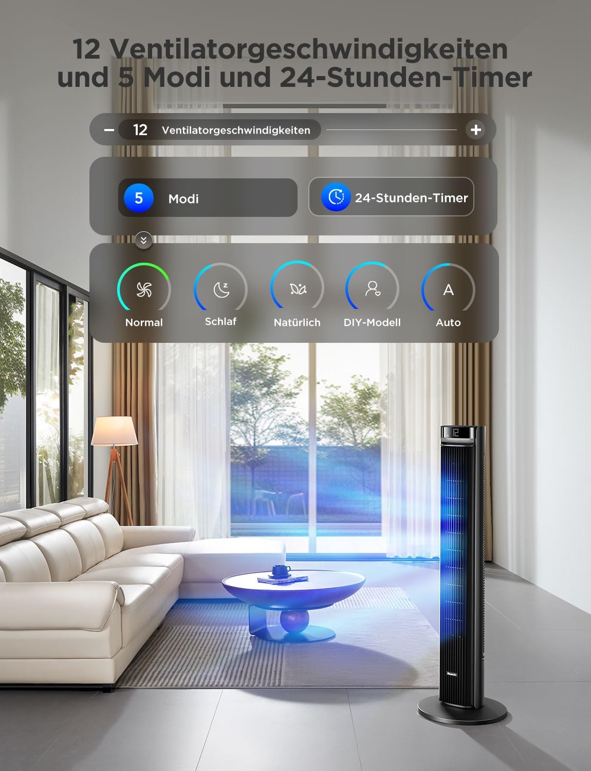 GoveeLife 27 dB leiser Ventilator, 12 Geschwindigkeiten bis zu 8 m/s, 5 Modi, 24-Stunden-Timer, intelligenter Turmventilator mit 150°-Oszillation, APP- und Sprachsteuerung für Zuhause, schwarz – Bild 4