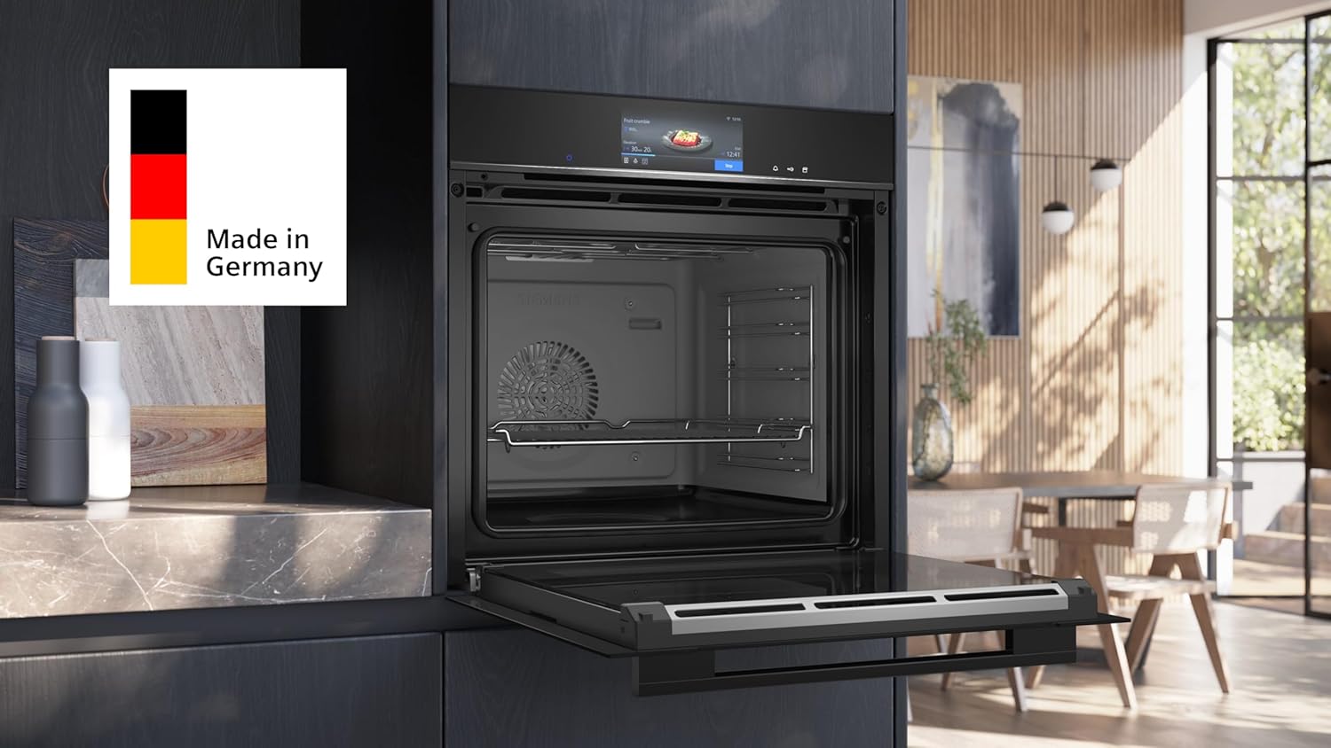Siemens HB778G3B1,Q700 Smarter Einbau-Backofen, 60 x 60 cm, Made in Germany, Pyrolyse & Hydrolyse Selbstreinigung, Bratenthermometer, Air Fry, Backautomatik, Farbiger Touchscreen, 4D Heißluft, Schwarz – Bild 3