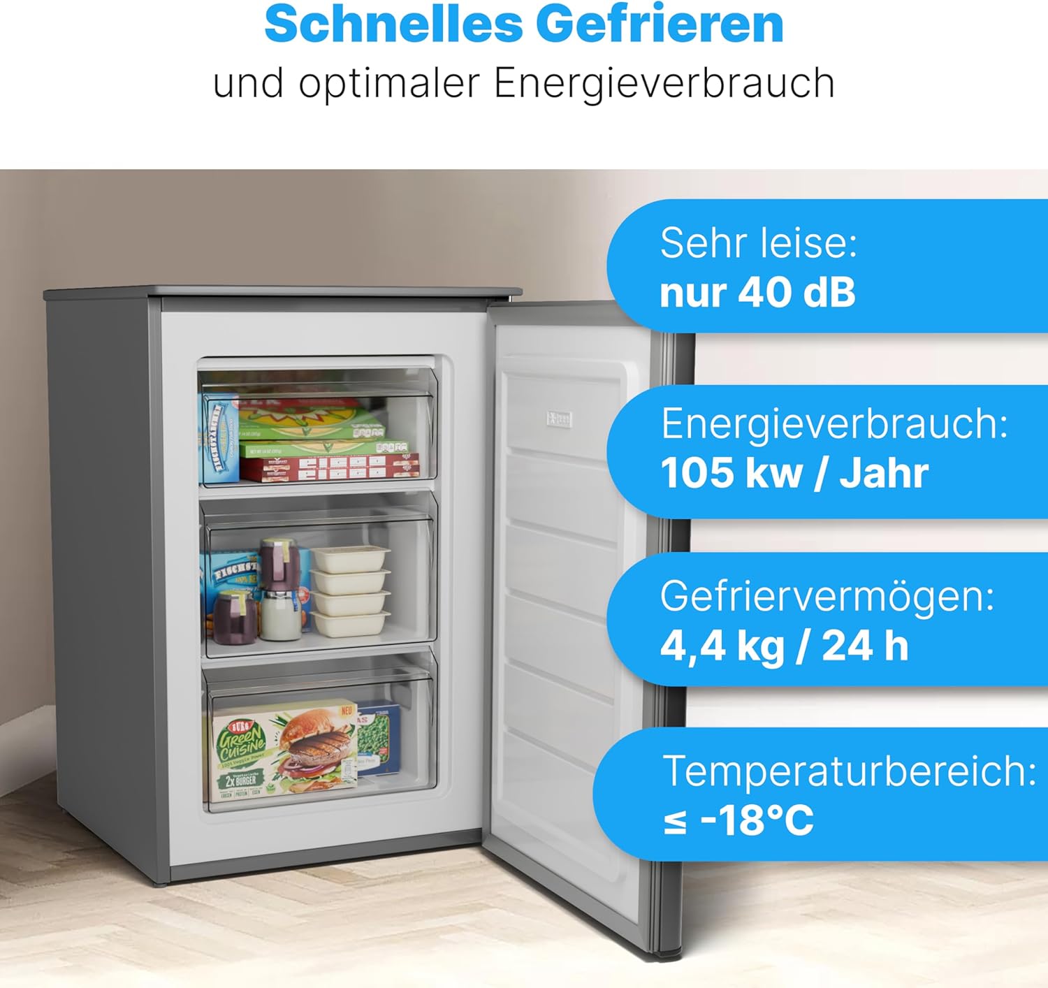 Bomann® Gefrierschrank 87L | Gefrierschrank klein mit Temperaturbereich ≤ -18°C | 3 Schubladen | Tiefkühlschrank mit wechselbarem Türanschlag | Freezer Tiefkühlschrank klein GS 7253 weiß – Bild 15