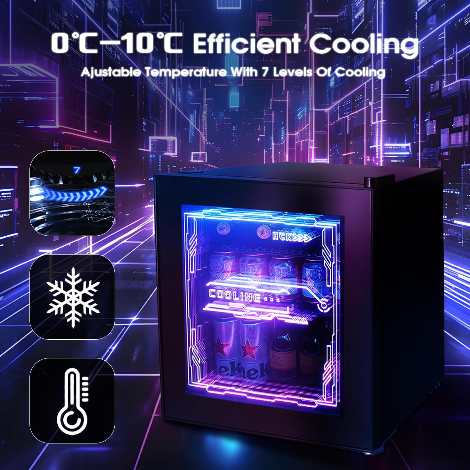 HCK Mini Kühlschrank 48L, Getränkekühlschrank mit Glastür und LED Beleuchtung, Cyberpunk Design, leise 39dB, 0-10℃ Bierkühlschrank für Gaming Room, Party, Bar, Schwarz – Bild 4