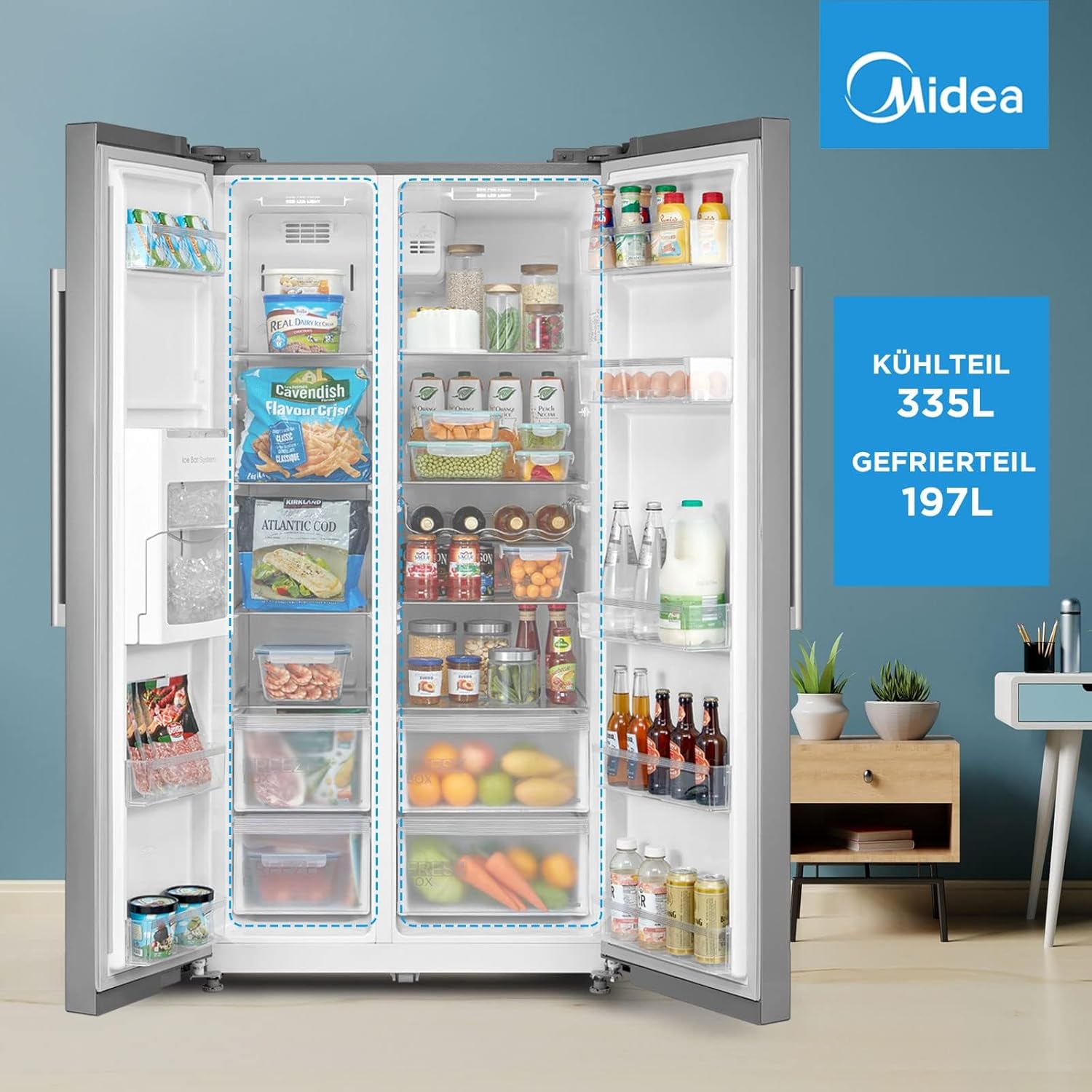 Midea KS-DDX 6.32 WT Side-by-Side Kühl-/Gefrierkombination/ 178,8 cm Hhe/ 254 kWh/Jahr/No Frost/Dual Inverter Compressor/mit 3in1 Wasser-/Eisspender und Wassertank, Dark Inox – Bild 48