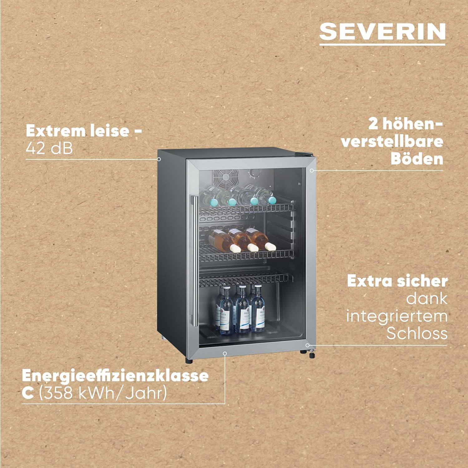 SEVERIN Flaschenkühlschrank, mit integriertem Schloss und integrierter LED-Beleuchtung, 118 L Nutzinhalt, schwarz/silber, FSK 8840 – Bild 11