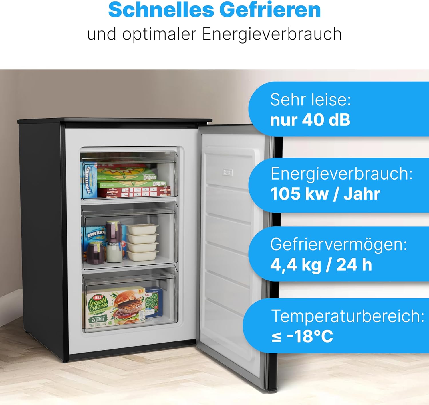 Bomann® Gefrierschrank 87L | Gefrierschrank klein mit Temperaturbereich ≤ -18°C | 3 Schubladen | Tiefkühlschrank mit wechselbarem Türanschlag | Freezer Tiefkühlschrank klein GS 7253 weiß – Bild 7