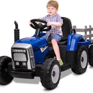 HAUSPROFI 12V 3-Gang Kinder Elektroauto mit Anhänger, Elektro Traktor 2 Fahrmodi, 2,4G-Fernbedienung, Kinder Traktor LED-Licht, Bluetooth, Musik, USB, Elektrischer Traktor für kinder ab 3 Jahren, Grün
