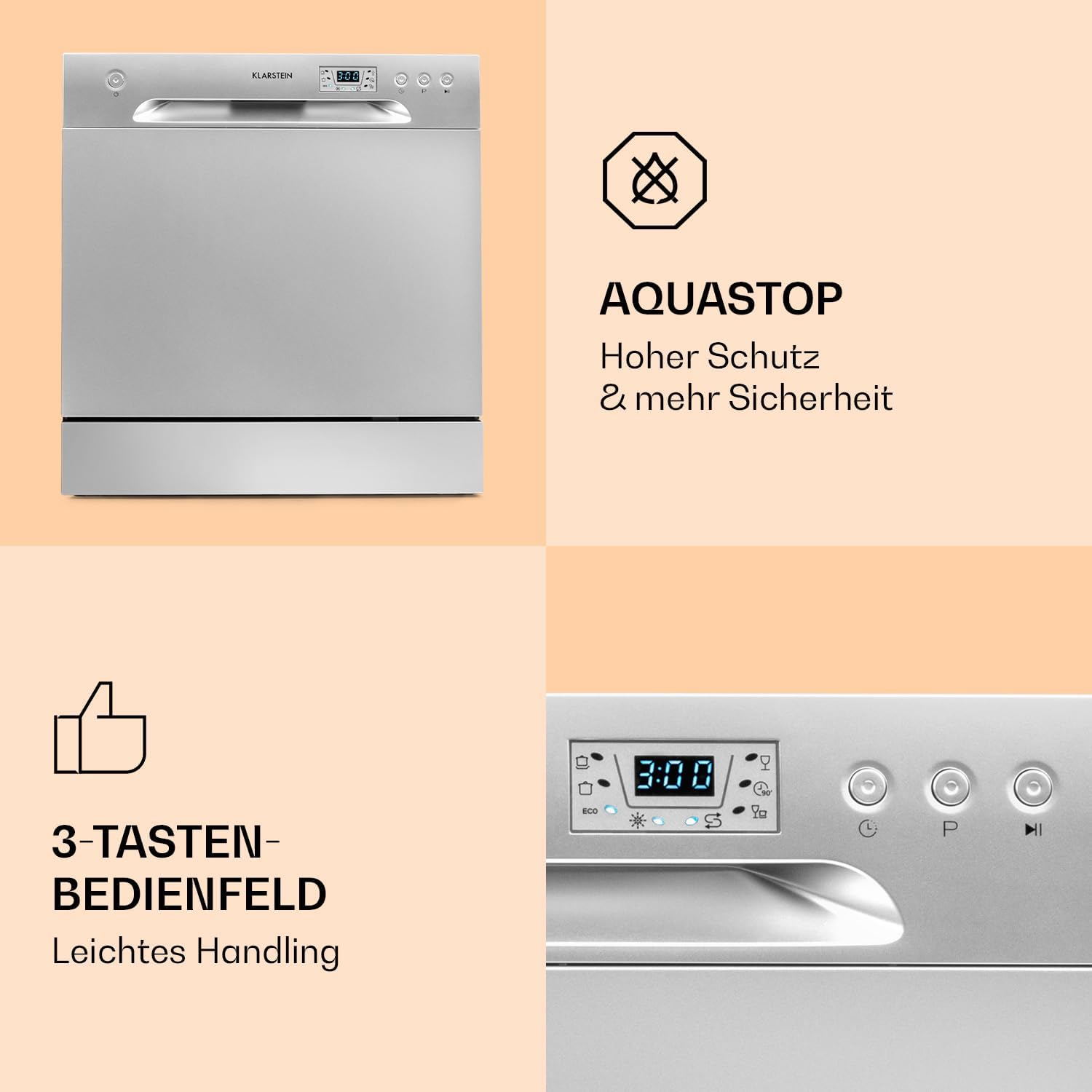 Klarstein ia 8 - Spülmaschine, Geschirrspüler, Freistehend, Teilintegriert, F, 55 cm breit, 8 Maßgedecke, 6 Programme, Aquastop, silber – Bild 74
