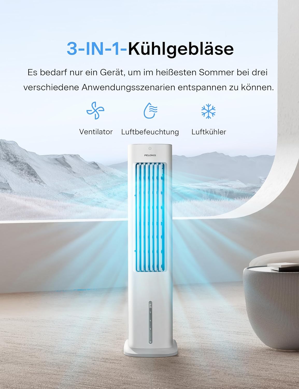 PELONIS Luftkühler mit Wasserkühlung, Klimaanlage Mobil, 5L Ventilator mit Wasserkühlung, Klimagert Luftbefeuchter mit Fernbedienung, 355m/h Klimaanlage Ohne Abluftschlauch – Bild 2