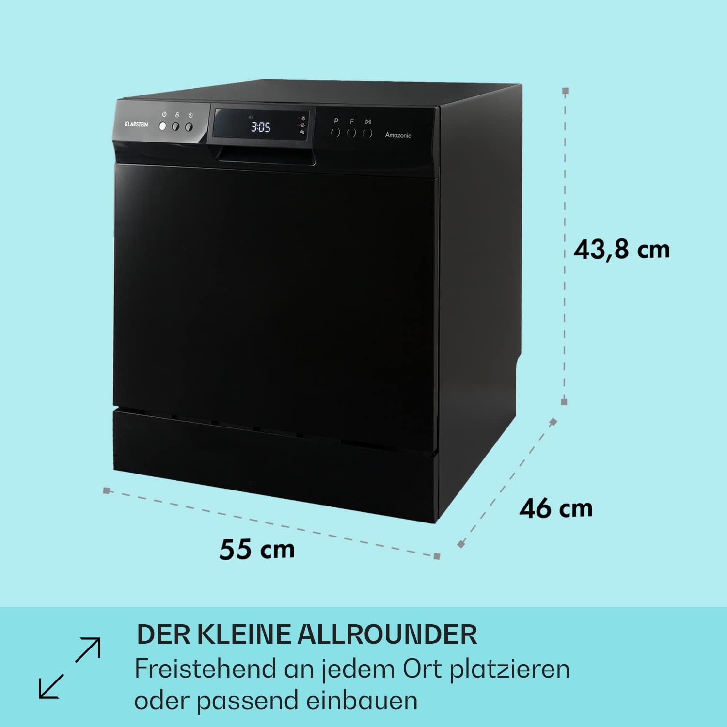 Klarstein ia 8 - Spülmaschine, Geschirrspüler, Freistehend, Teilintegriert, F, 55 cm breit, 8 Maßgedecke, 6 Programme, Aquastop, silber – Bild 19