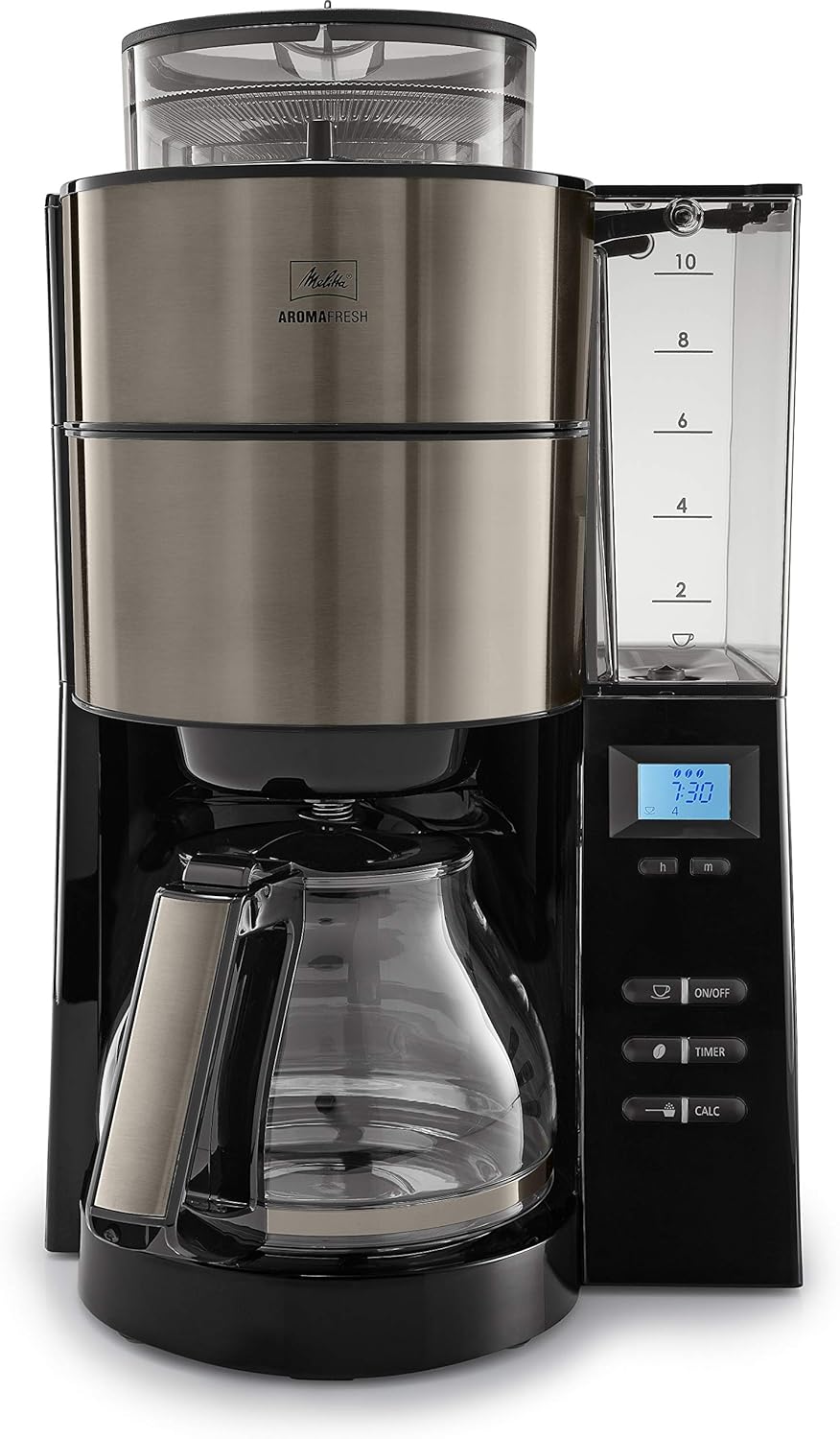 Melitta AromaFresh - Filterkaffeemaschine - mit Glaskanne - integriertes Mahlwerk - Timer Funktion - 10 Tassen - Pure Black – Bild 2