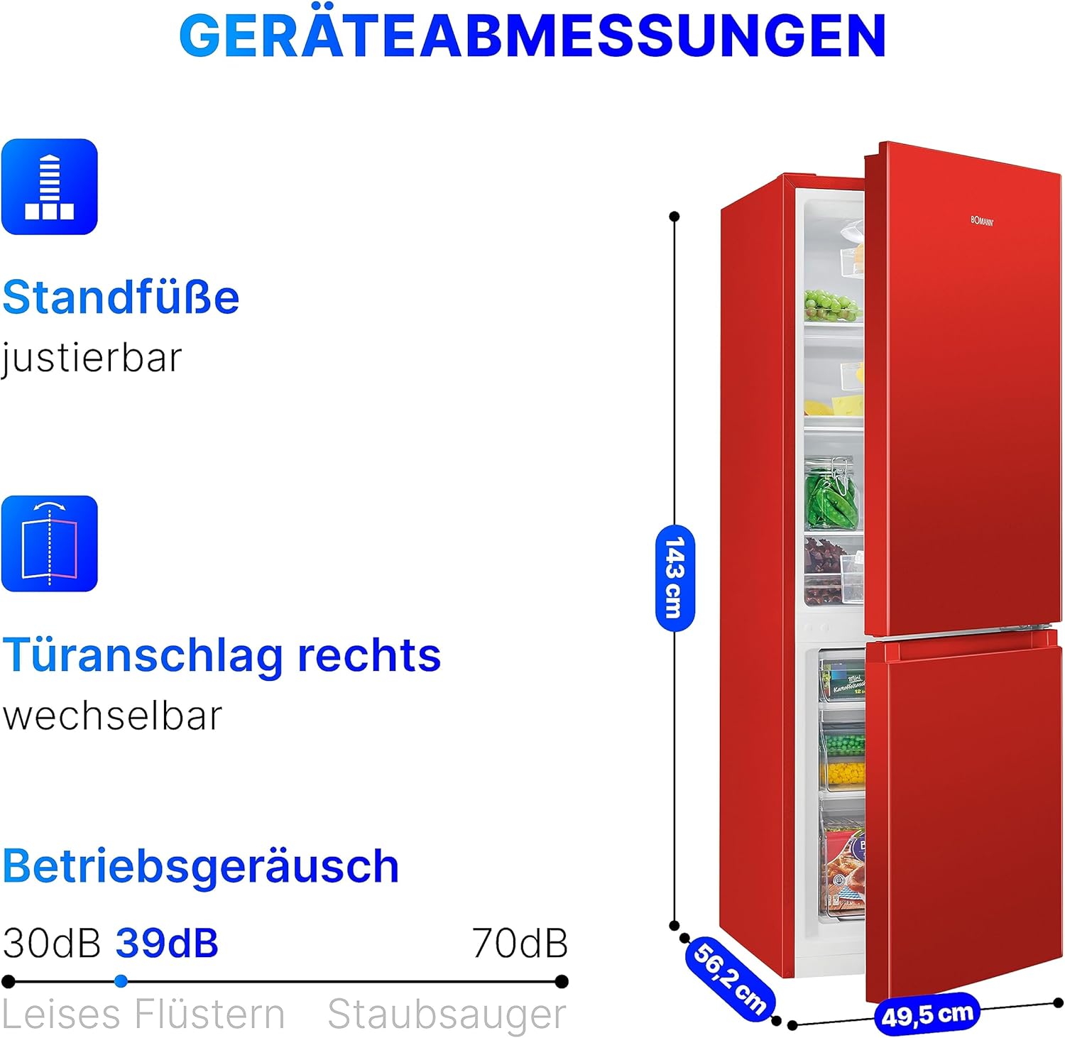 Bomann® Kühlschrank mit Gefrierfach 143cm hoch | Kühl Gefrierkombination 175L mit 3 Ablagen & 3 Schubladen | Türanschlag wechselbar | leise Kühlgefrierkombi 39db | Kühlschrank KG 320.2 inox – Bild 16