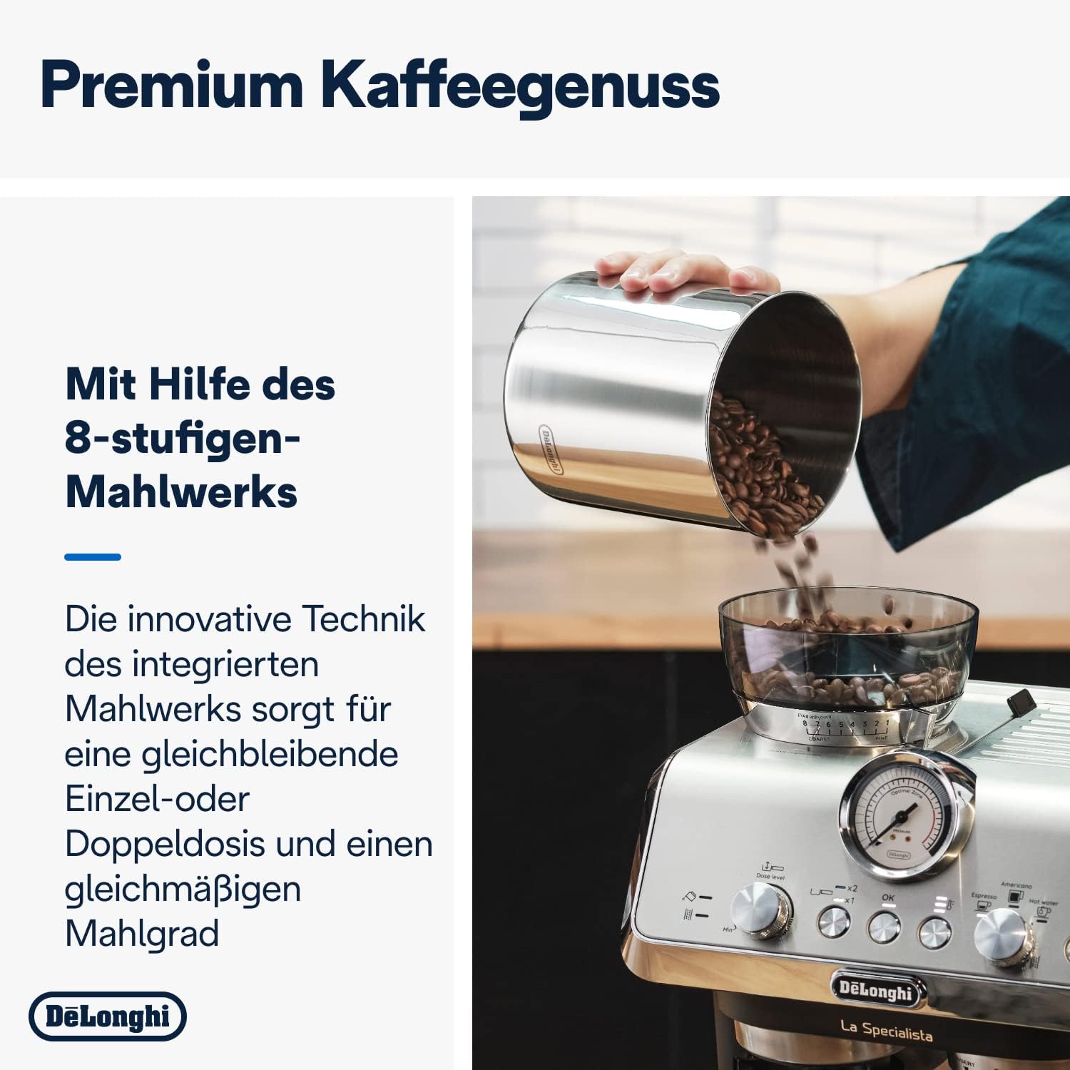De'Longhi La Specialista Arte EC9155.MB Siebtrgermaschine, Espressomaschine mit Mahlwerk, 8 Mahlgrade, 15 Bar, 3 Temperaturen, Milchschaumdüse, 1300 W, 1,5 l Tank, Edelstahl/Schwarz inkl. Barista-Kit – Bild 6
