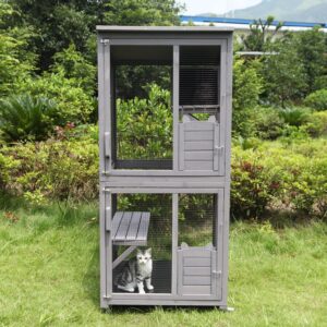 Katzenhaus Outdoor Catio Kitty Gehege mit super großer Eingangstür, Holz-Katzenkäfig Condo Indoor-Laufstall mit Plattformen und kleinem Haus